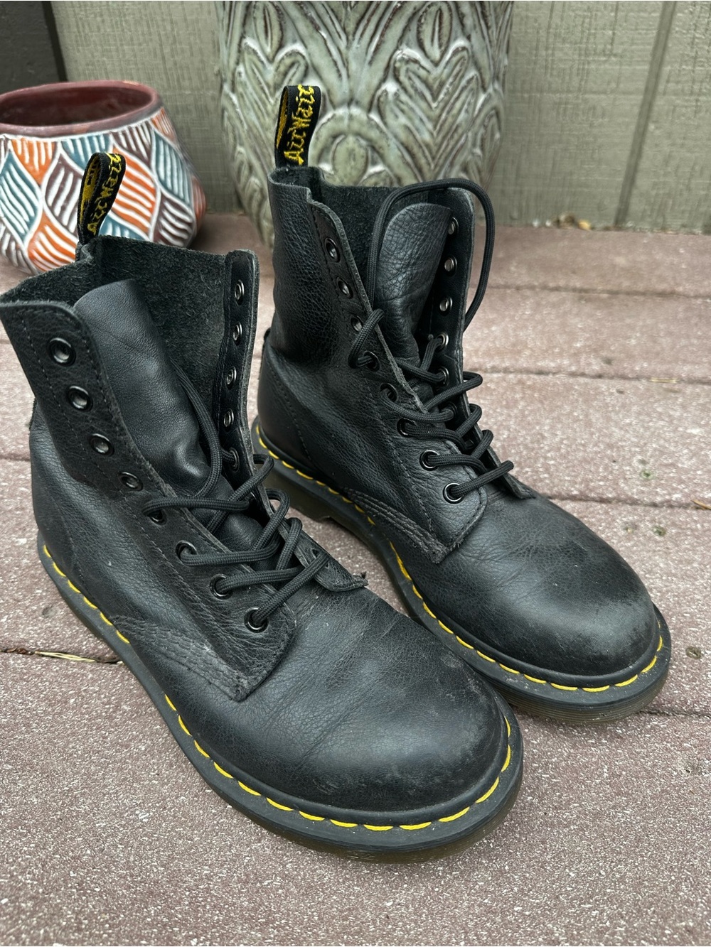 Dr. Martens Black Leather 8-Eye Boots with Yellow Stitching size US 7
